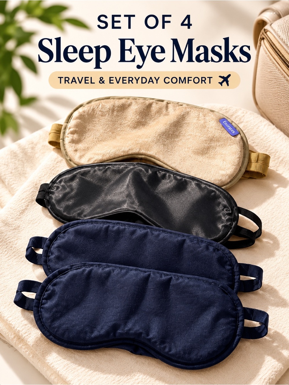 Set of 4 Travel Sleep Eye Masks | Emirates Airline & Navy Black